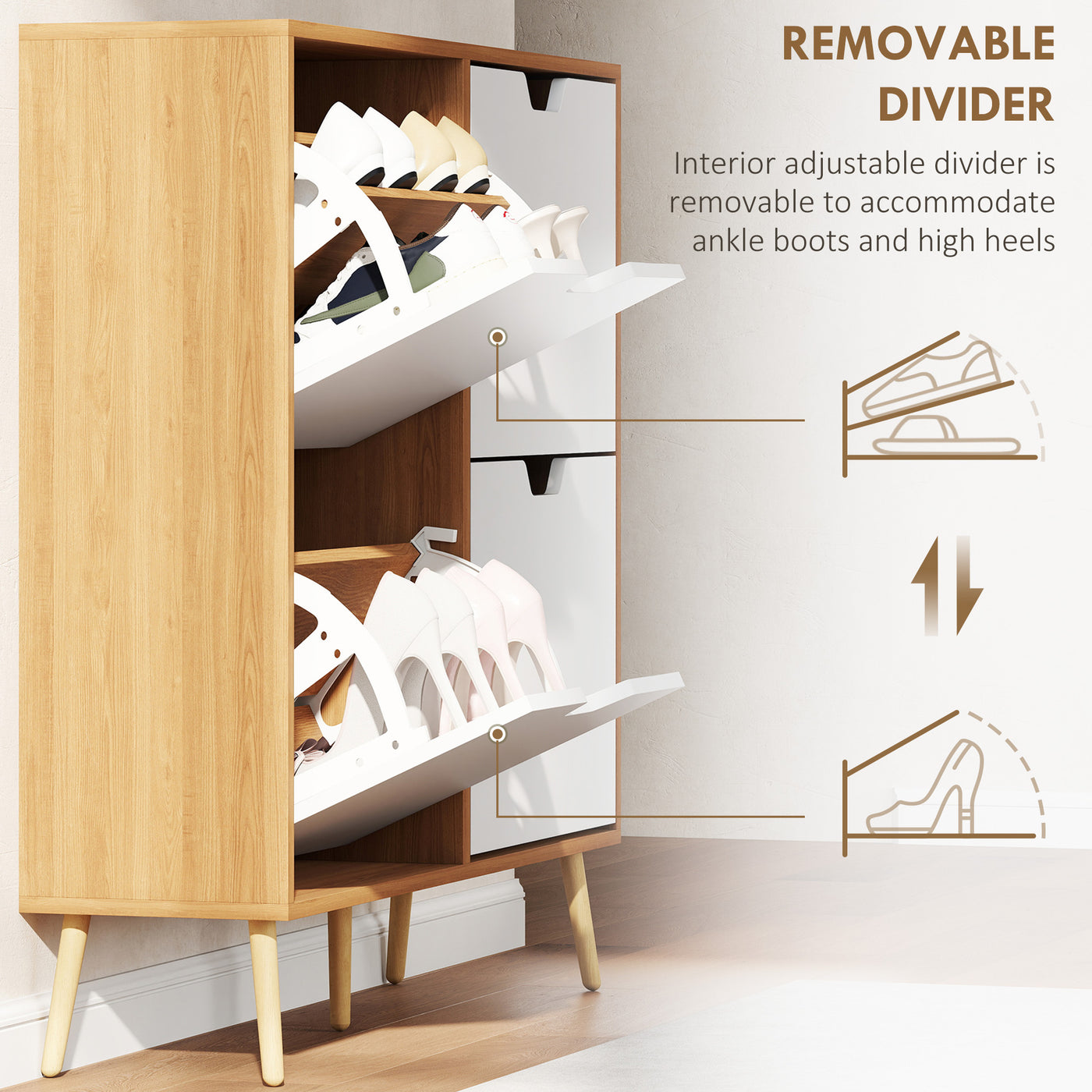 Shoe Storage Cabinet with 4 Flip Drawers and Adjustable Shelf, Shoe Cabinet for 8-16 Pairs of Shoes, Natural