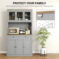 71" Pantry Cabinet with Microwave Space, Buffet with Hutch, 2 Drawers, Adjustable Shelves and Glass Doors, Grey