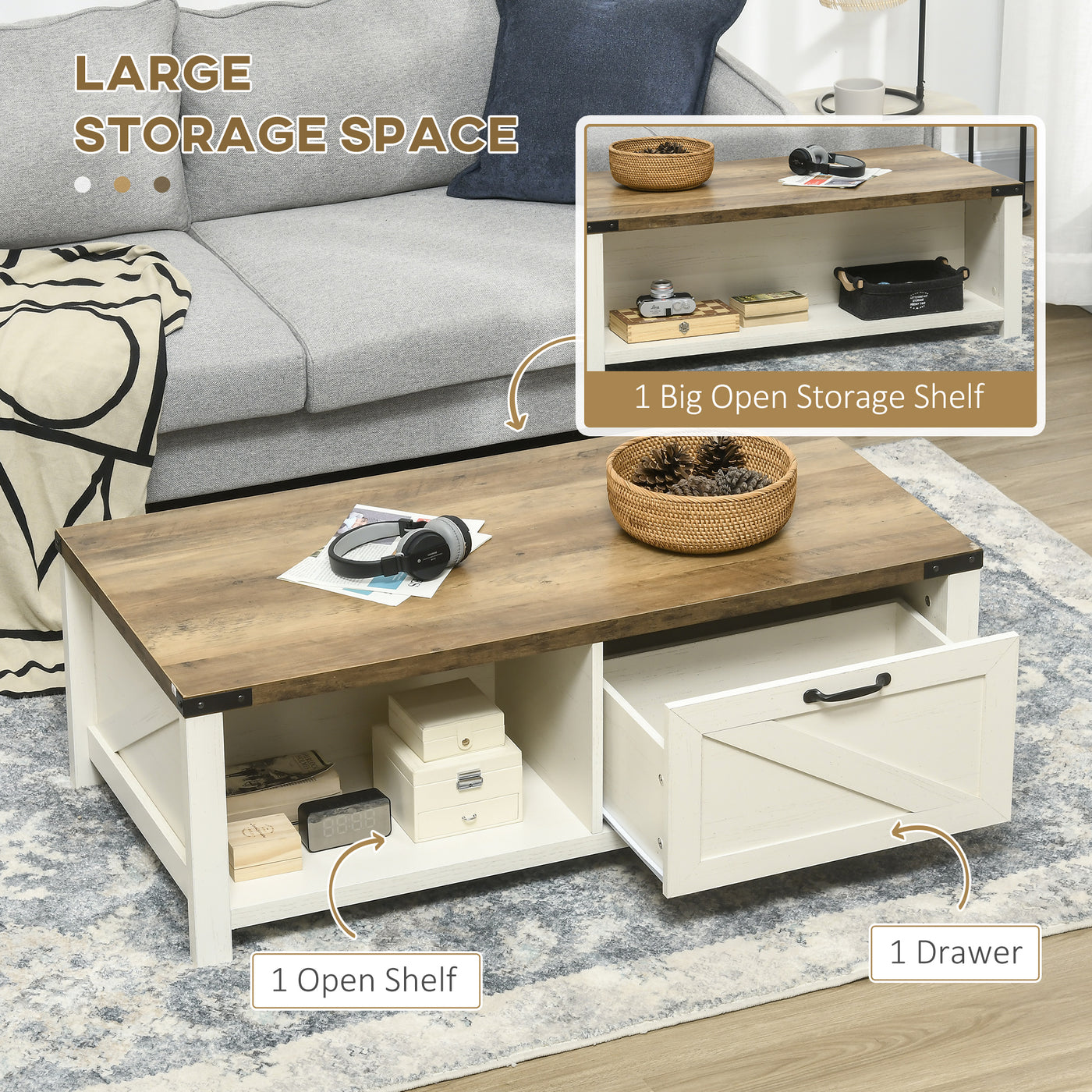 Industrial Coffee Table Side End Table with Drawer, Open Storage Shelf, Modern Farmhouse Furniture, for Living Room, Dining Room, Office, Brown