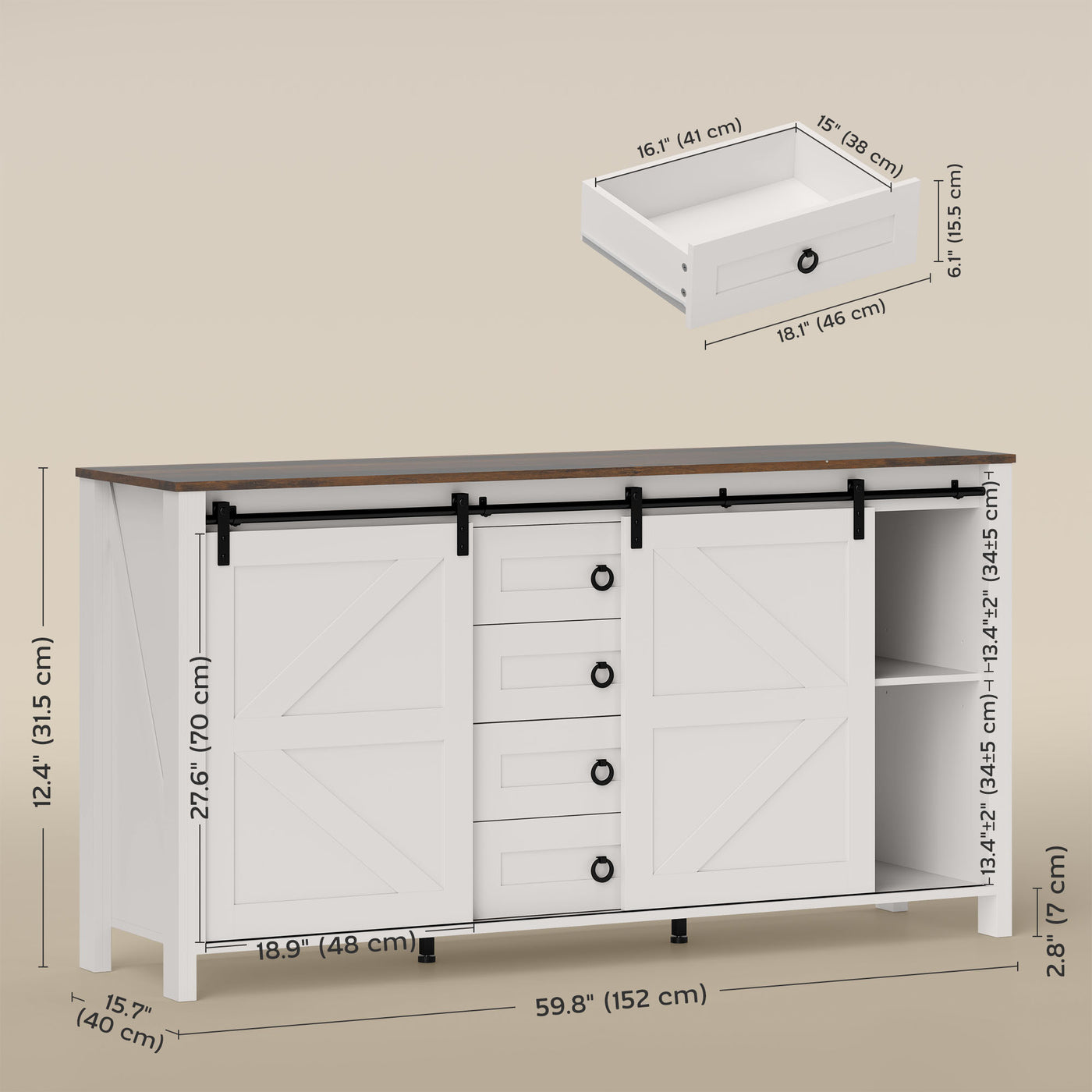 60" Buffet Cabinet, Farmhouse Sideboard with Sliding Barn Doors, Drawers and Adjustable Shelves, Cream White