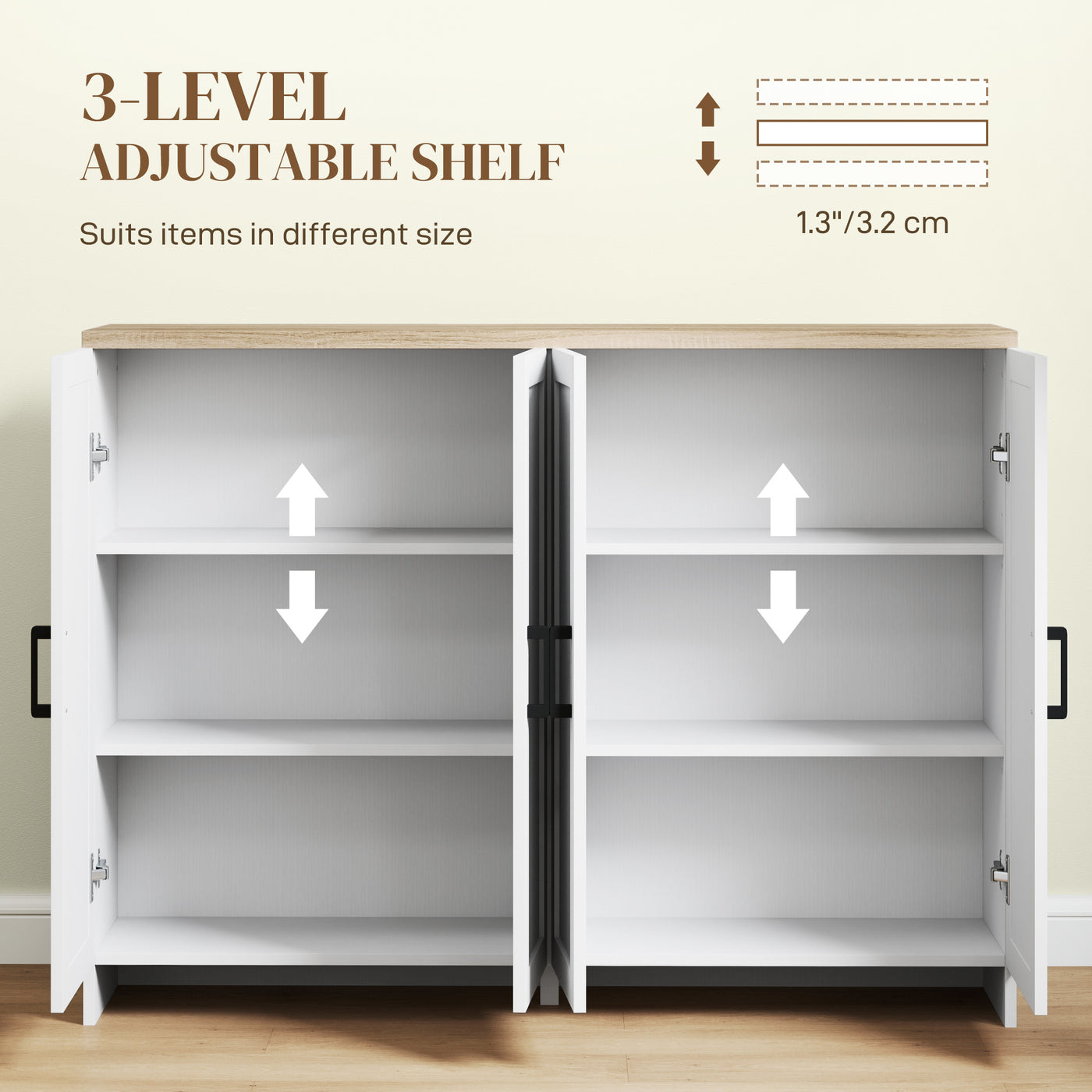 Modern Sideboard Buffet Cabinet, Modern Kitchen Storage Cabinet with 4 Doors Adjustable Shelves, for Dining Room, White