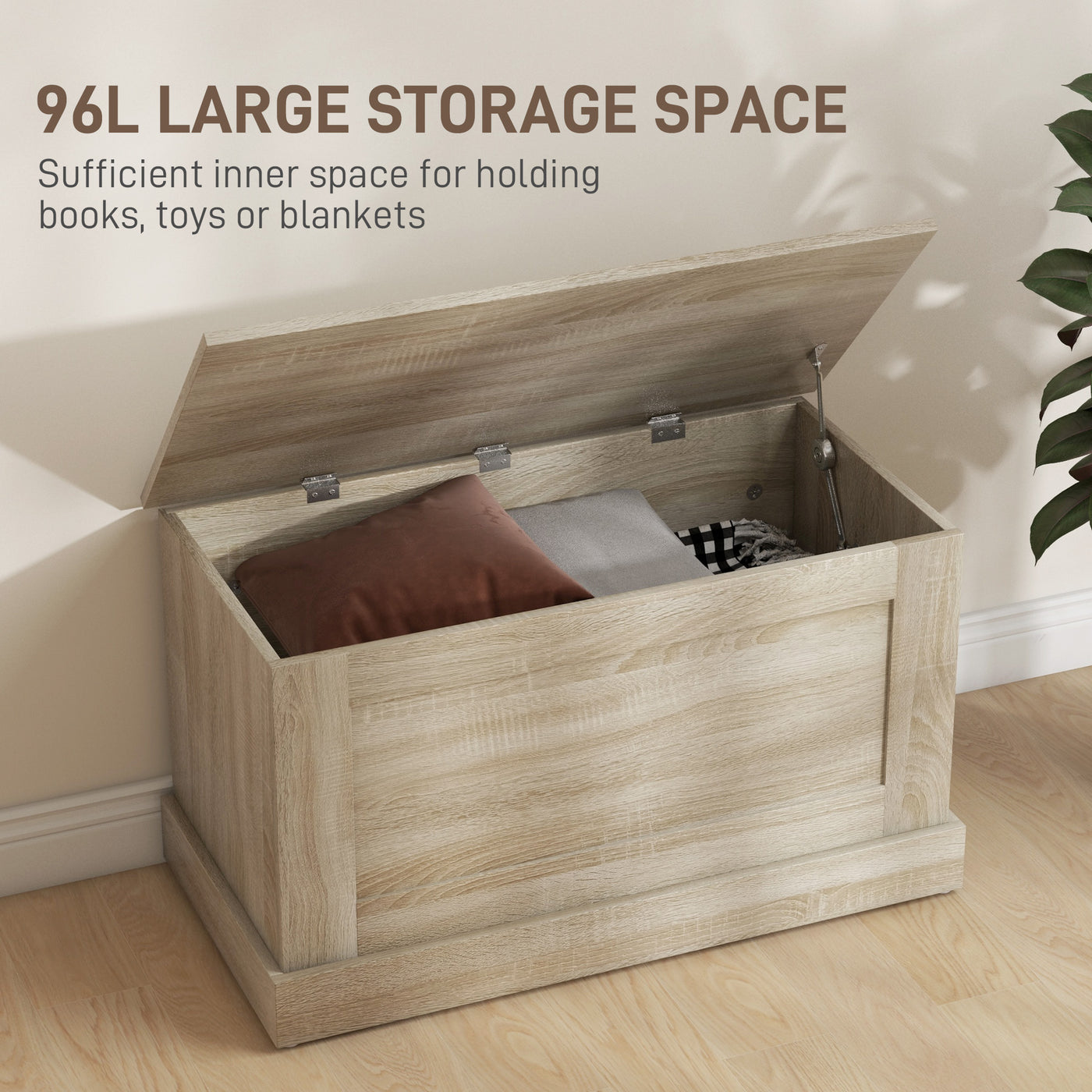 31.5 Inches Storage Chest, Storage Trunk with Safety Hinge, Wooden Box for Living Room, Natural Wood Grain