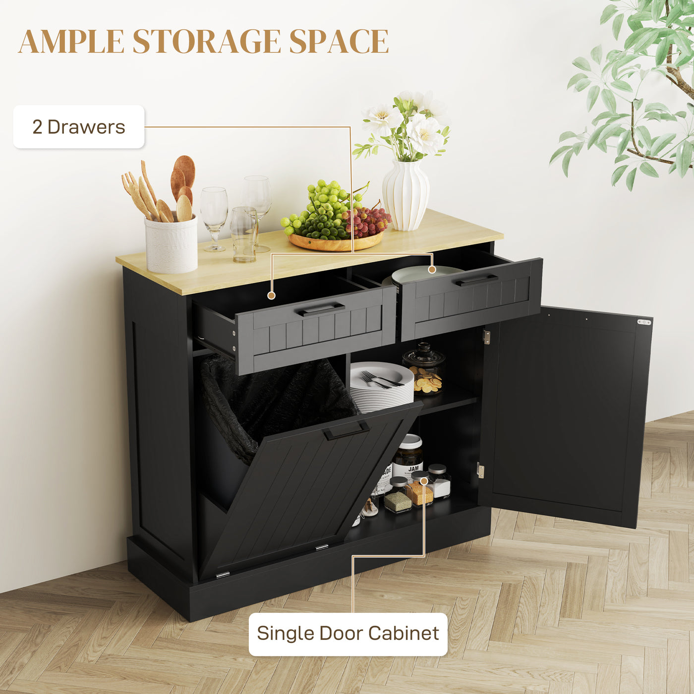 Hidden Garbage Bin Cabinet, Tilt Out Trash Cabinet w/ 2 Drawers, Freestanding Kitchen Island for Laundry, Black