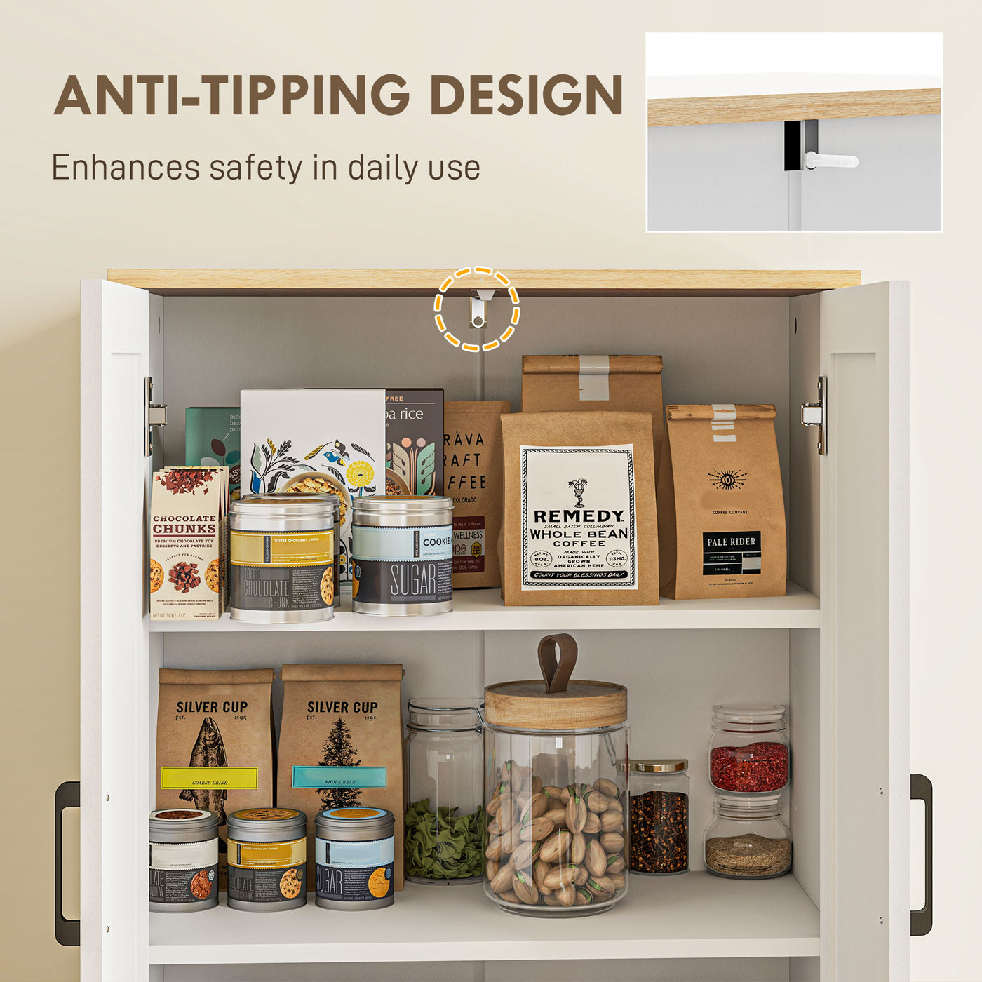 67" Tall Kitchen Pantry, Freestanding Kitchen Storage Cabinet with 4 Rattan Doors and Adjustable Shelves, White