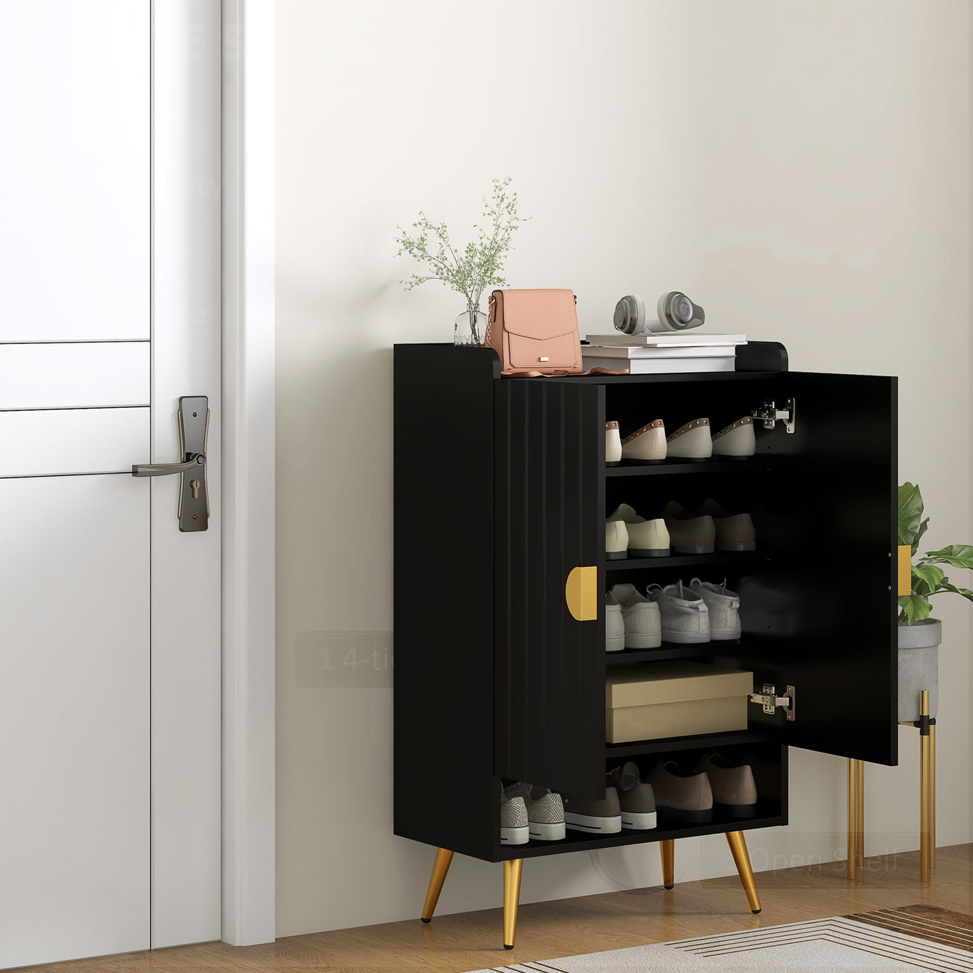 Entryway Shoe Storage Cabinet, Narrow Shoe Cabinet with Adjustable Shelves and Open Shelf for 15 Pairs of Shoes, Black