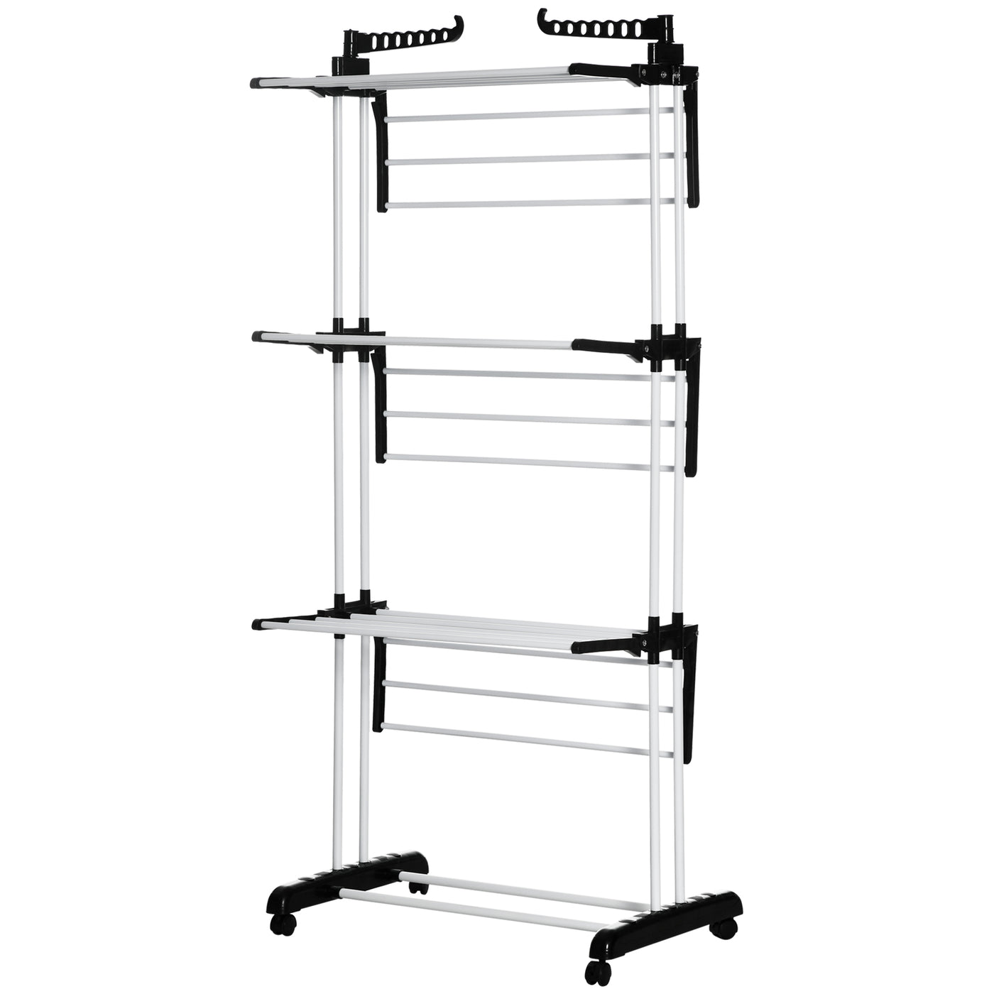 Foldable Clothes Drying Rack, 4-Tier Steel Laundry Rack for Drying Clothes with 2 Side Wings and 4 Castors, Indoor and Outdoor Use, Black