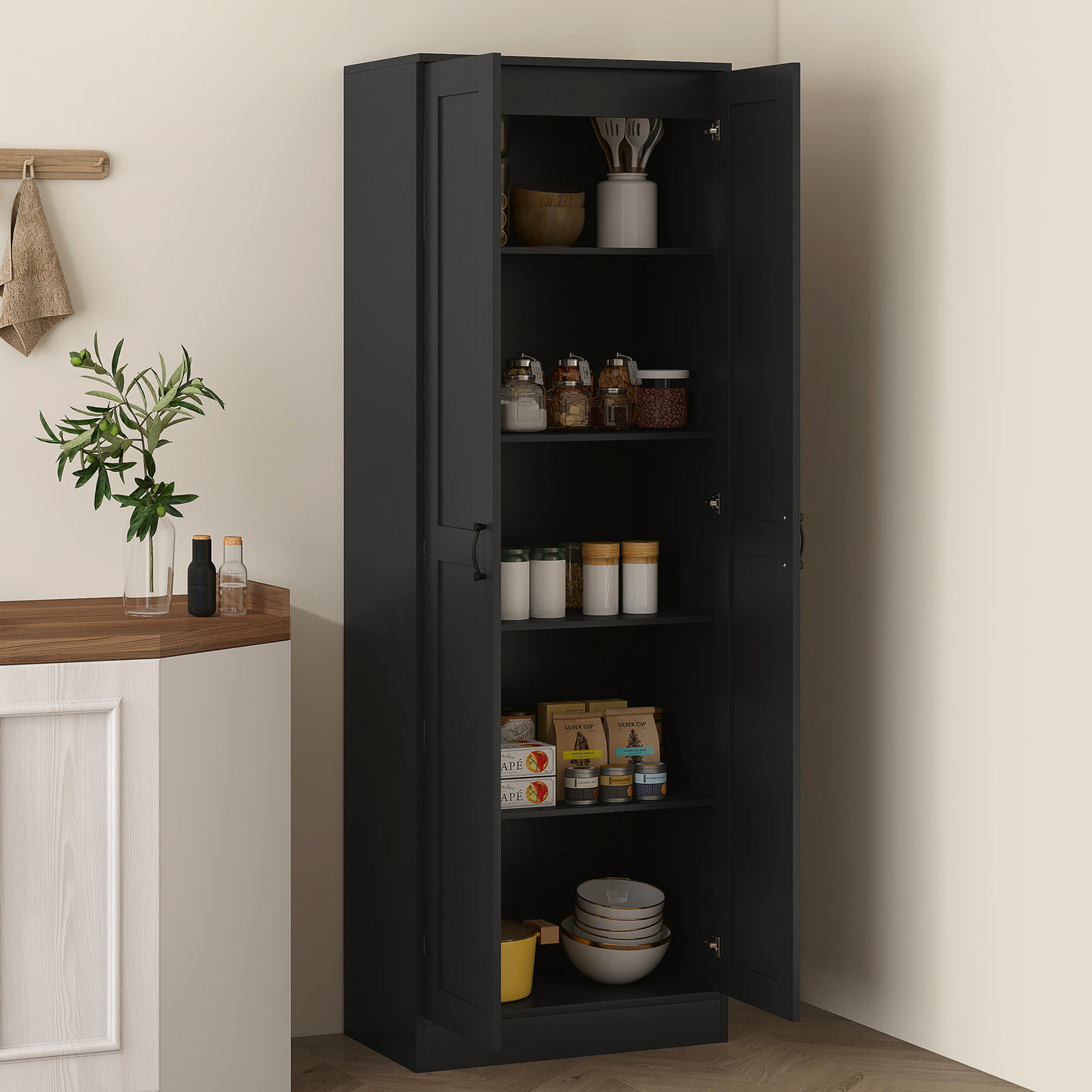 69" Tall Pantry Cabinet with Adjustable Shelves, Modern Kitchen Pantry Cabinet with Soft Close Doors, Black