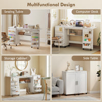 Folding Craft Table, Rolling Sewing Machine Table with Magnetic Doors, Bins, Pegs, Storage Shelf, Lockable Wheels, White