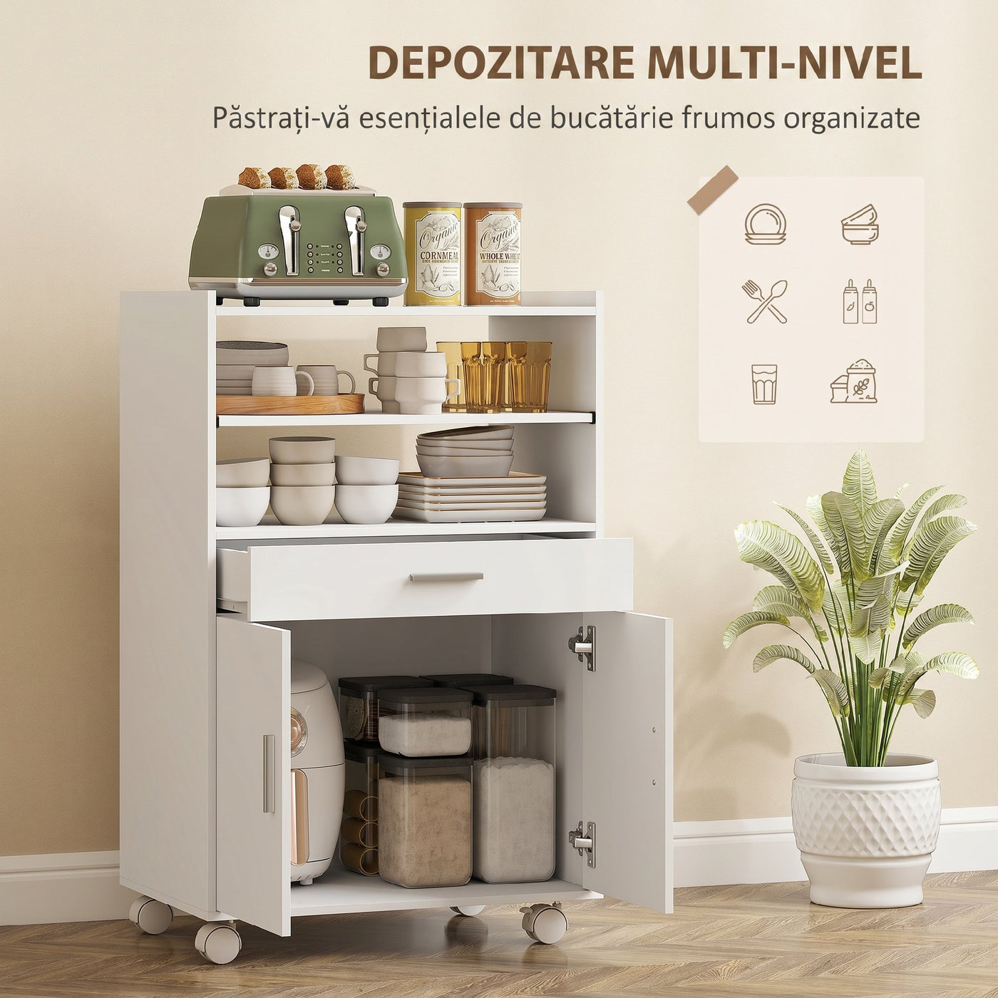 Microwave Cart with Wheels, Microwave Stand with Worktop, Open Shelves and Drawer, Storage Cabinet, White
