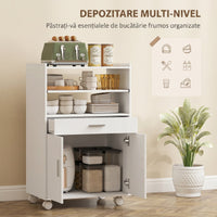 Microwave Cart with Wheels, Microwave Stand with Worktop, Open Shelves and Drawer, Storage Cabinet, White