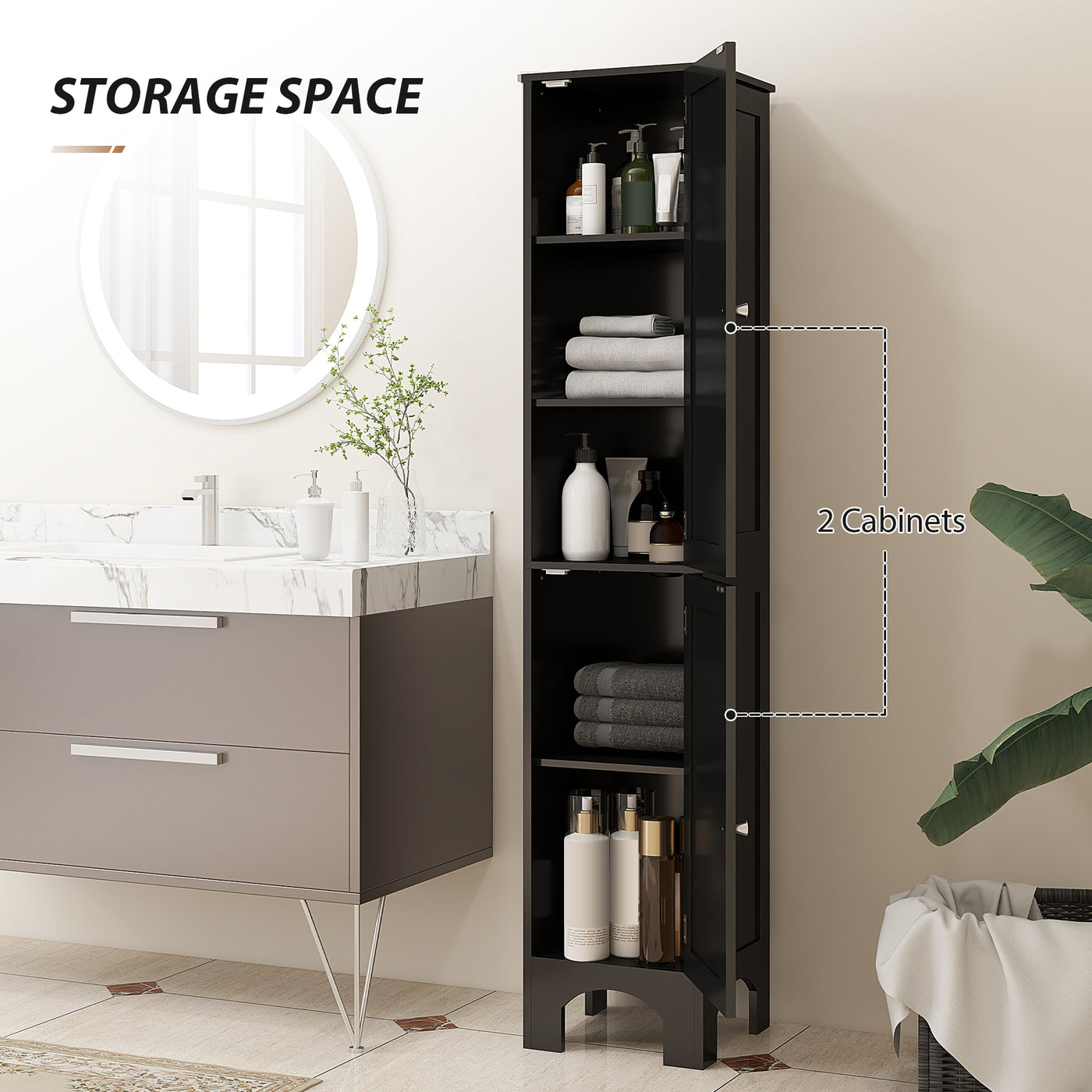Narrow Bathroom Cabinet, Tall Bathroom Storage Cabinet with Shelves and Doors, Black