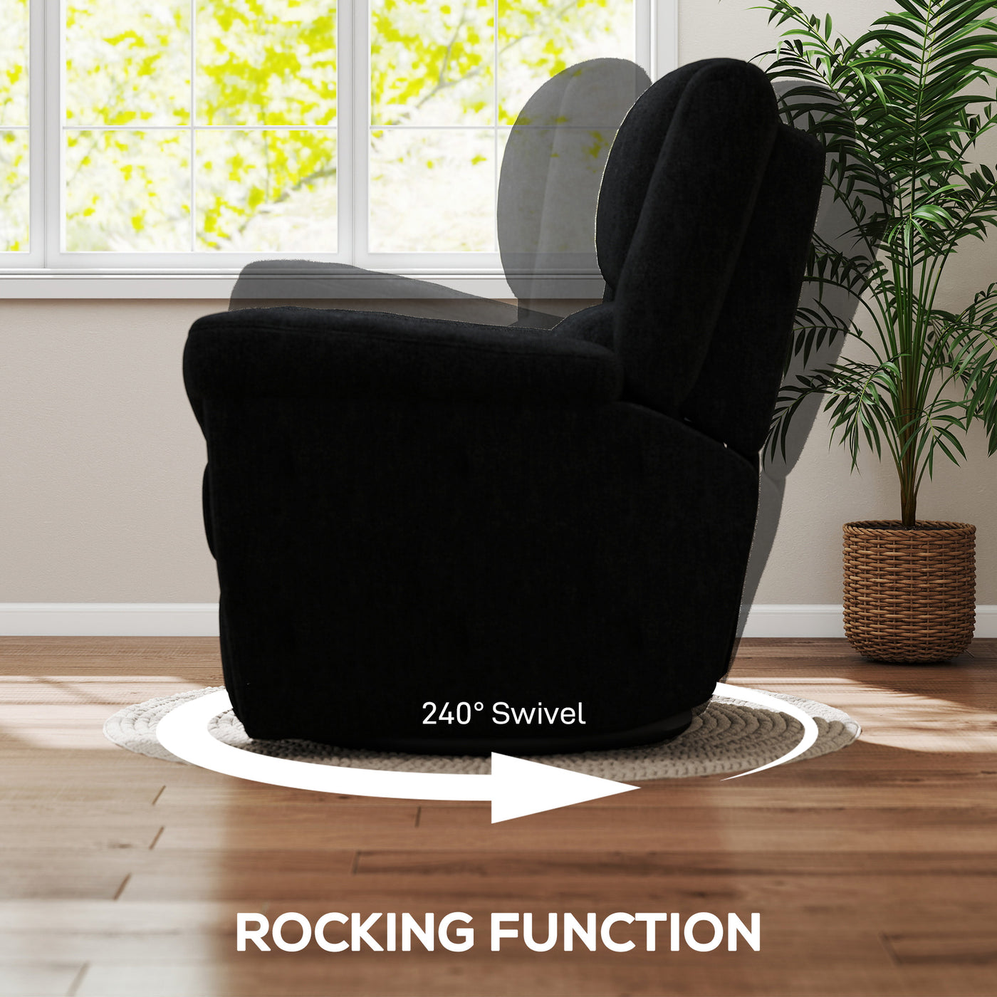 Power Recliner Chair, Fabric Upholstered Recliner Chair with USB Ports, Swivel and Rocking Function, Footrest, Black