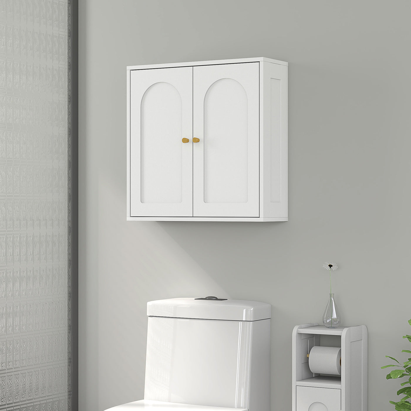 Medicine Cabinet, Modern Bathroom Wall Cabinet with 2 Arched Doors and Gold Handles, White Wood Grain