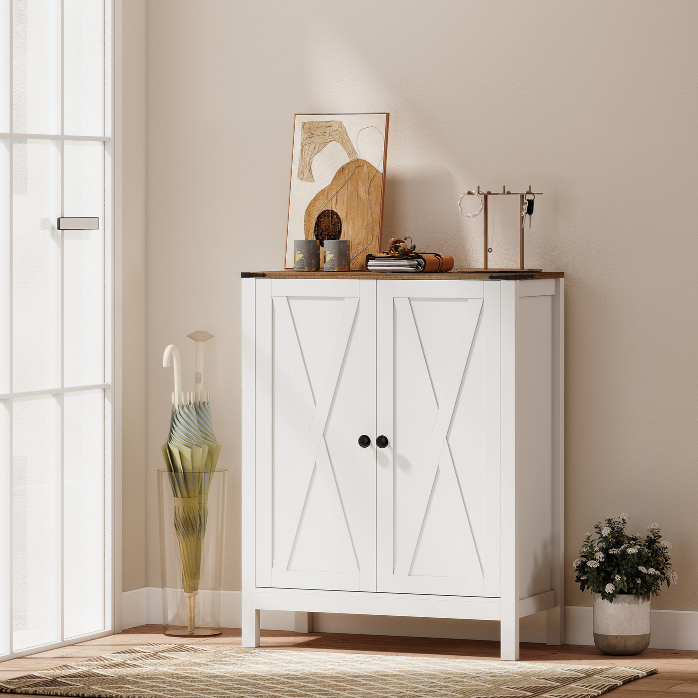 Shoe Cabinet with Barn Doors, Farmhouse Shoe Storage Cabinet with Adjustable Shelves, Holds up to 15 Pairs, White