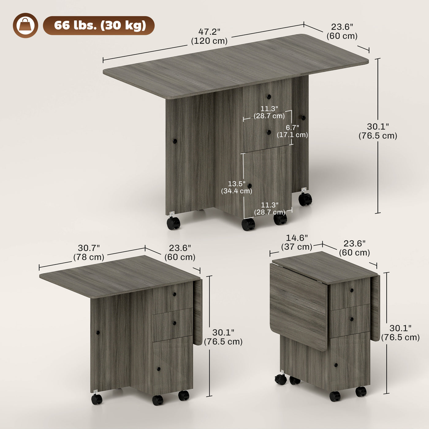 Foldable Dining Table, Rolling Kitchen Table with Storage Drawers and Cabinet, Drop Leaf Table on Wheels, Grey