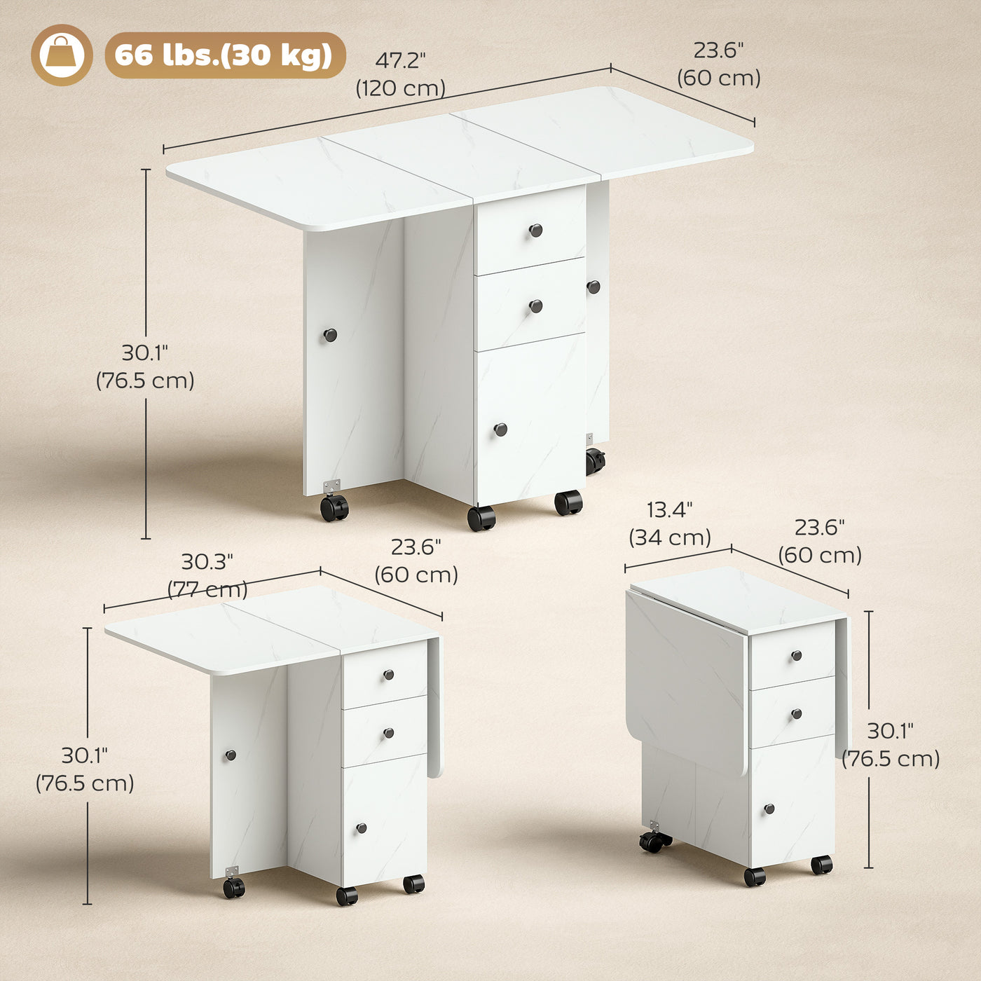 Drop Leaf Dining Table, Mobile Folding Table on Wheels with Drawers and Cabinet for Dining Room, Kitchen, Marble White