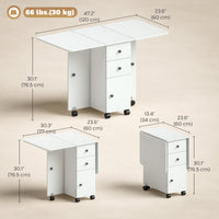 Drop Leaf Dining Table, Mobile Folding Table on Wheels with Drawers and Cabinet for Dining Room, Kitchen, Marble White