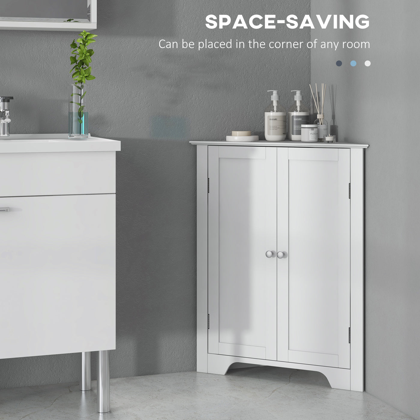 Modern Bathroom Storage Cabinet, Corner Cabinet with Doors, Bathroom Cabinet with Adjustable Shelf and Recessed Door, White