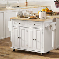 Kitchen Island with Storage, Rolling Trolley Cart with Rubber Wood Top, Spice Rack, Towel Rack, Grey