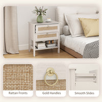 Set of 2 Boho Bedside Tables, Rattan Nightstands with 2 Drawers, Storage Shelf, End Side Tables for Bedroom, White Oak
