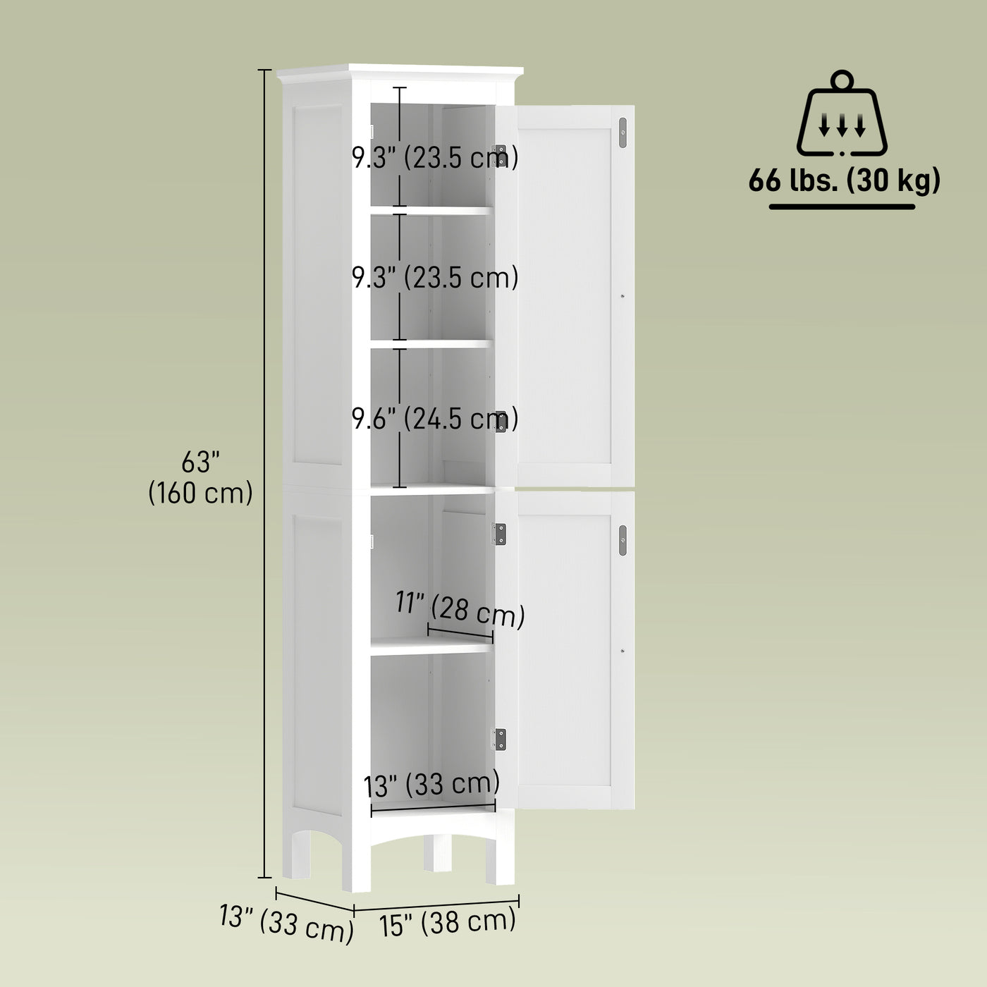 Tall Bathroom Cabinet, Freestanding Storage Organizer with Adjustable Shelves and Cupboards, 15" x 13" x 63", White