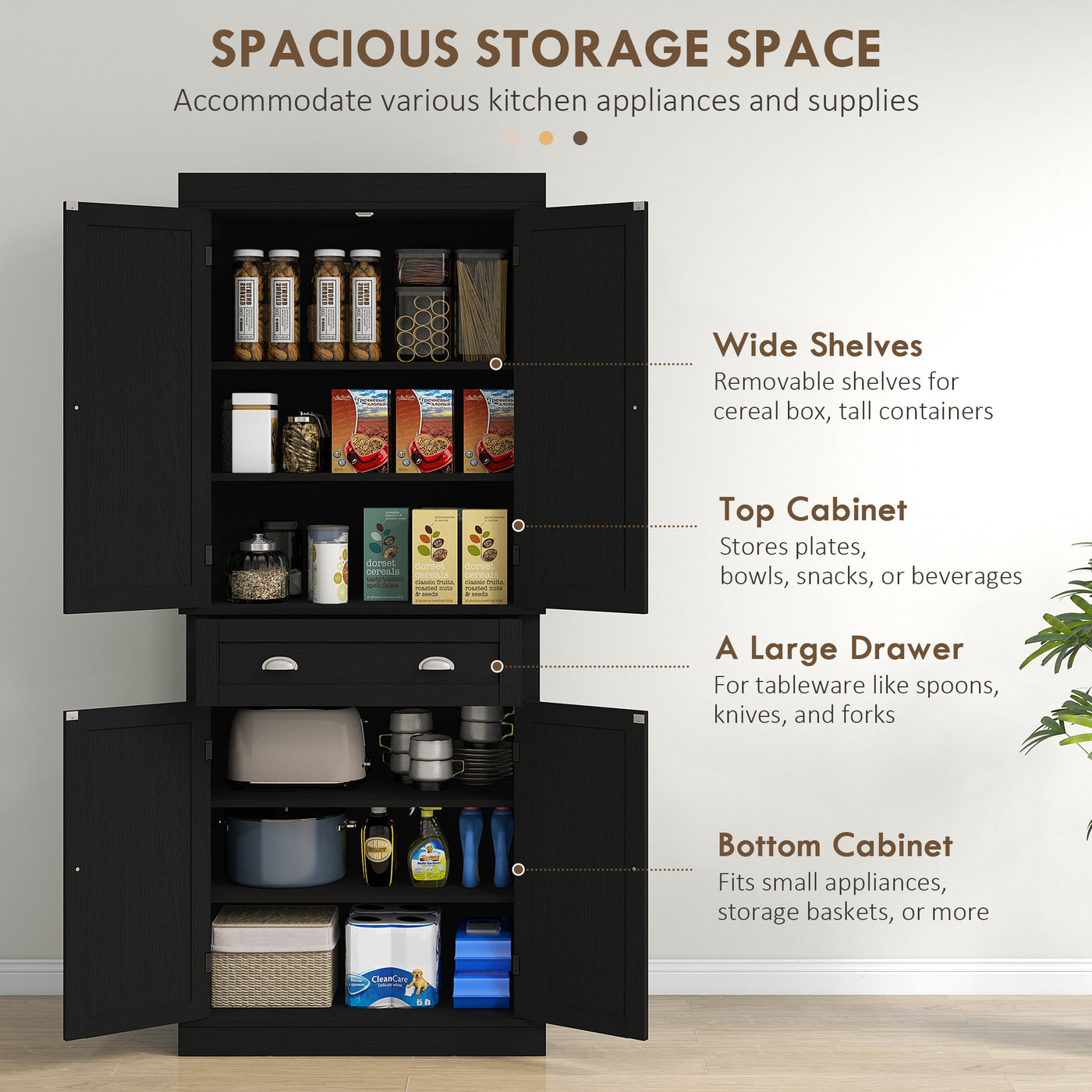72" Tall Pantry Cabinet, Kitchen Storage Cabinet with 4 Doors, Drawer and 2 Adjustable Shelves, Black Wood Grain