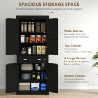 72" Tall Pantry Cabinet, Kitchen Storage Cabinet with 4 Doors, Drawer and 2 Adjustable Shelves, Black Wood Grain