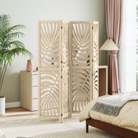 4 Panel Room Divider, Detachable Folding Privacy Screens with Palm Leaf Design for Home Office, Natural Wood Finish