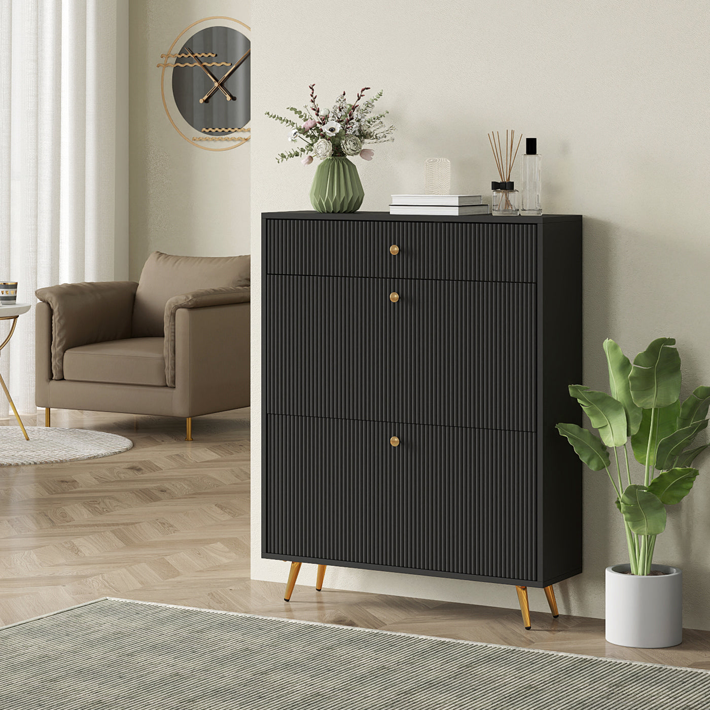 Narrow Shoe Storage Cabinet with Wave-like Panels and Adjustable Shelves for 12 Pairs of Shoes, Black