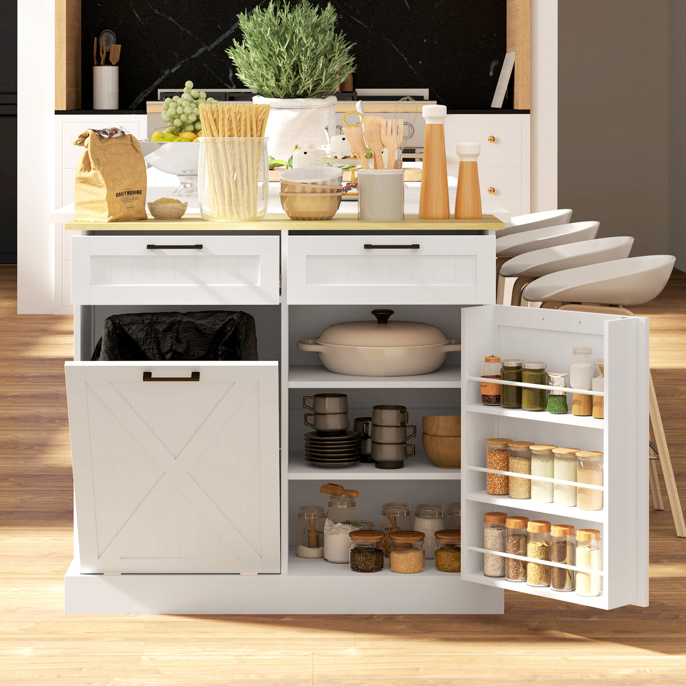 10 Gallon Hidden Garbage Bin Cabinet, Tilt Out Trash Cabinet w/ 2 Drawers, Freestanding Kitchen Island, White