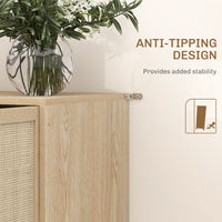 Kitchen Sideboard Cabinet, Boho Storage Cabinet with Shelves, Wood Legs, Decorative Rattan Doors, Natural