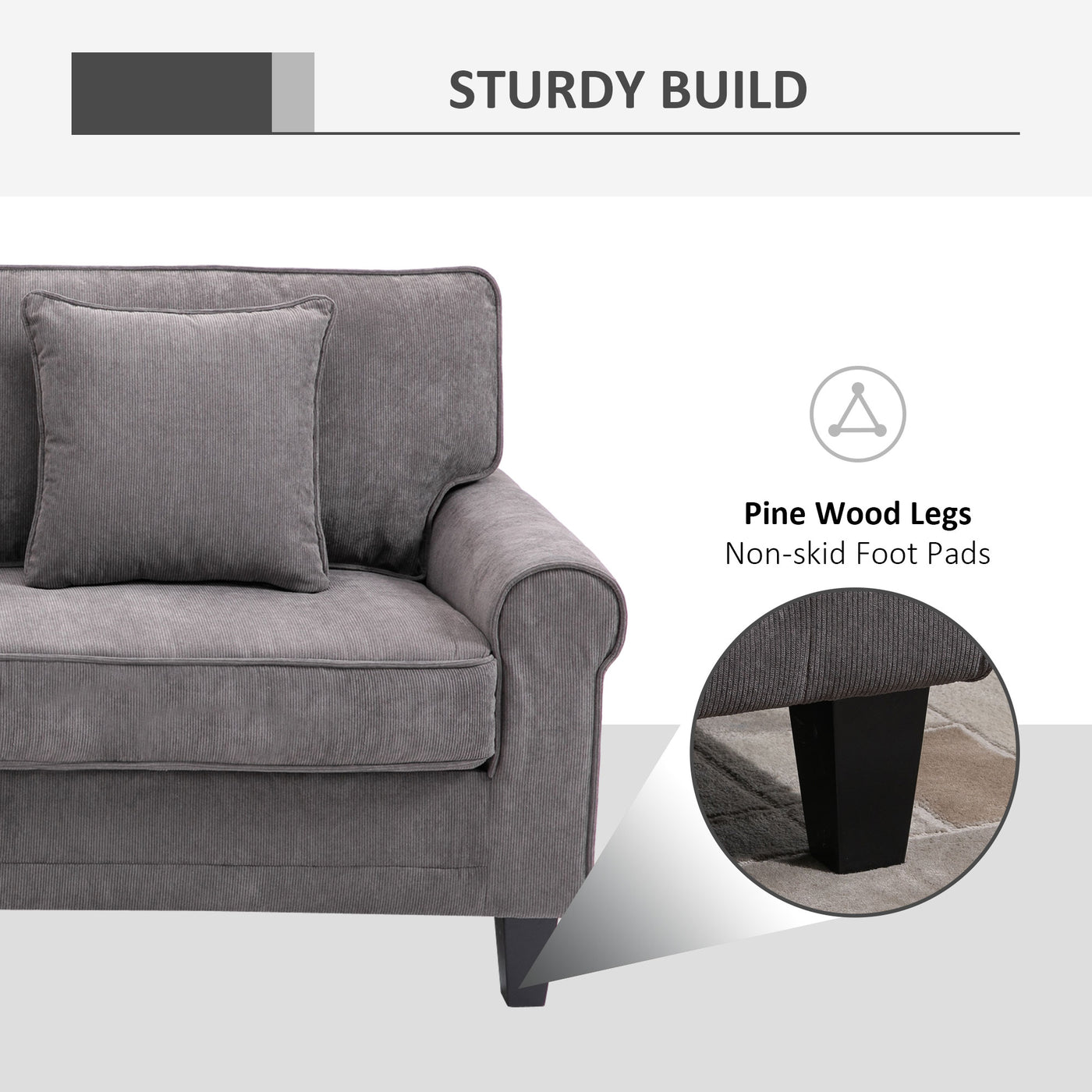 Modern 3 Seater Sofa, Corduroy Fabric 3 Seater Couch with Pine Wood Legs and Rolled Armrests for Living Room, Light Grey