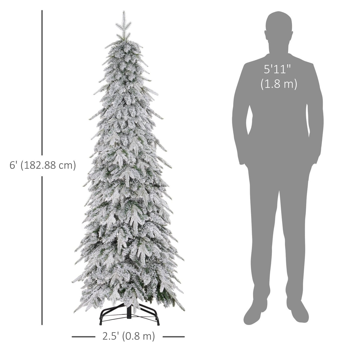 6ft Pencil Flocked Artificial Christmas Tree with 600 Branch Tips, Auto Open and Steel Base, Green