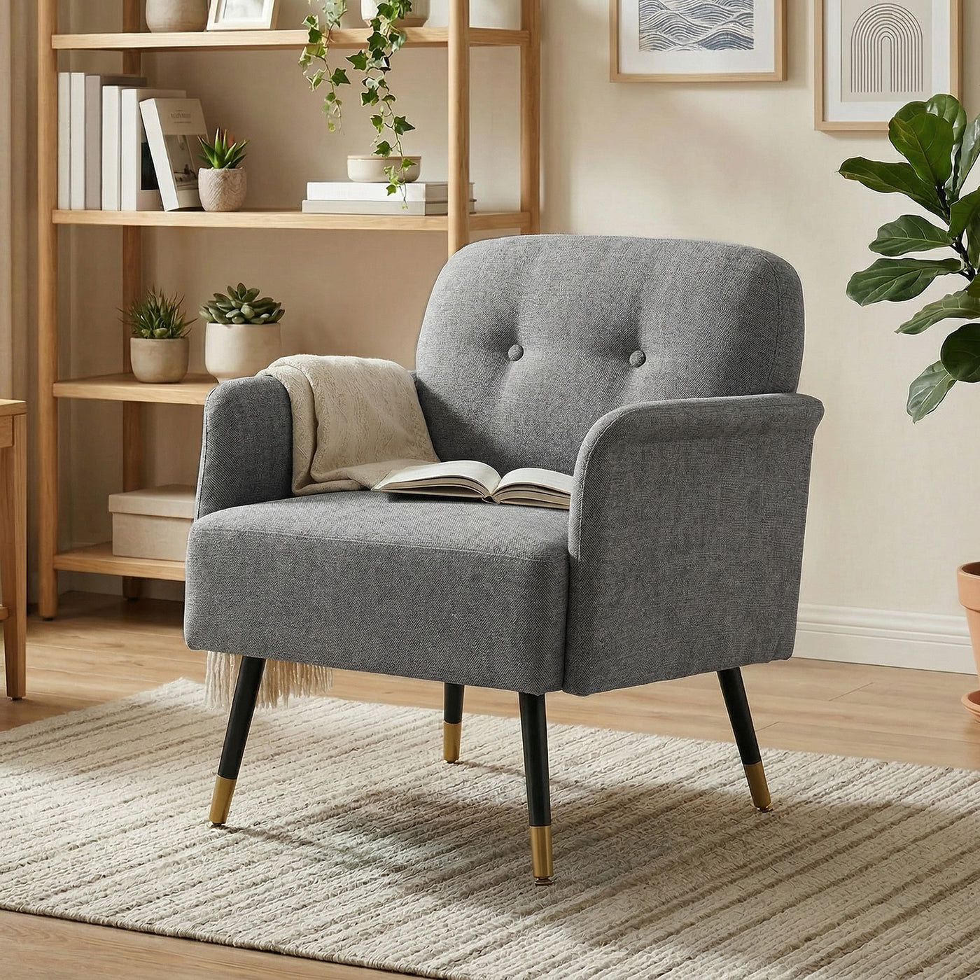 Accent Chair Modern Tufted with Metal Legs Upholstered Reading Armchair for Living Room Grey