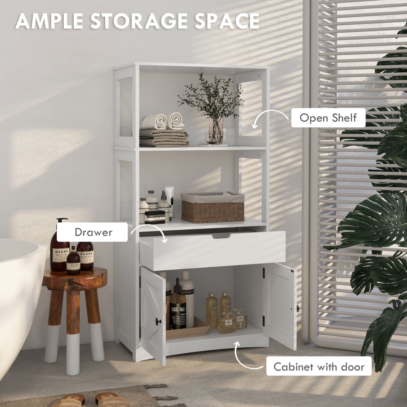 Farmhouse Bathroom Storage Cabinet, Linen Cabinet with Drawer and Shelves, 23.5" x 13" x 48.5", White