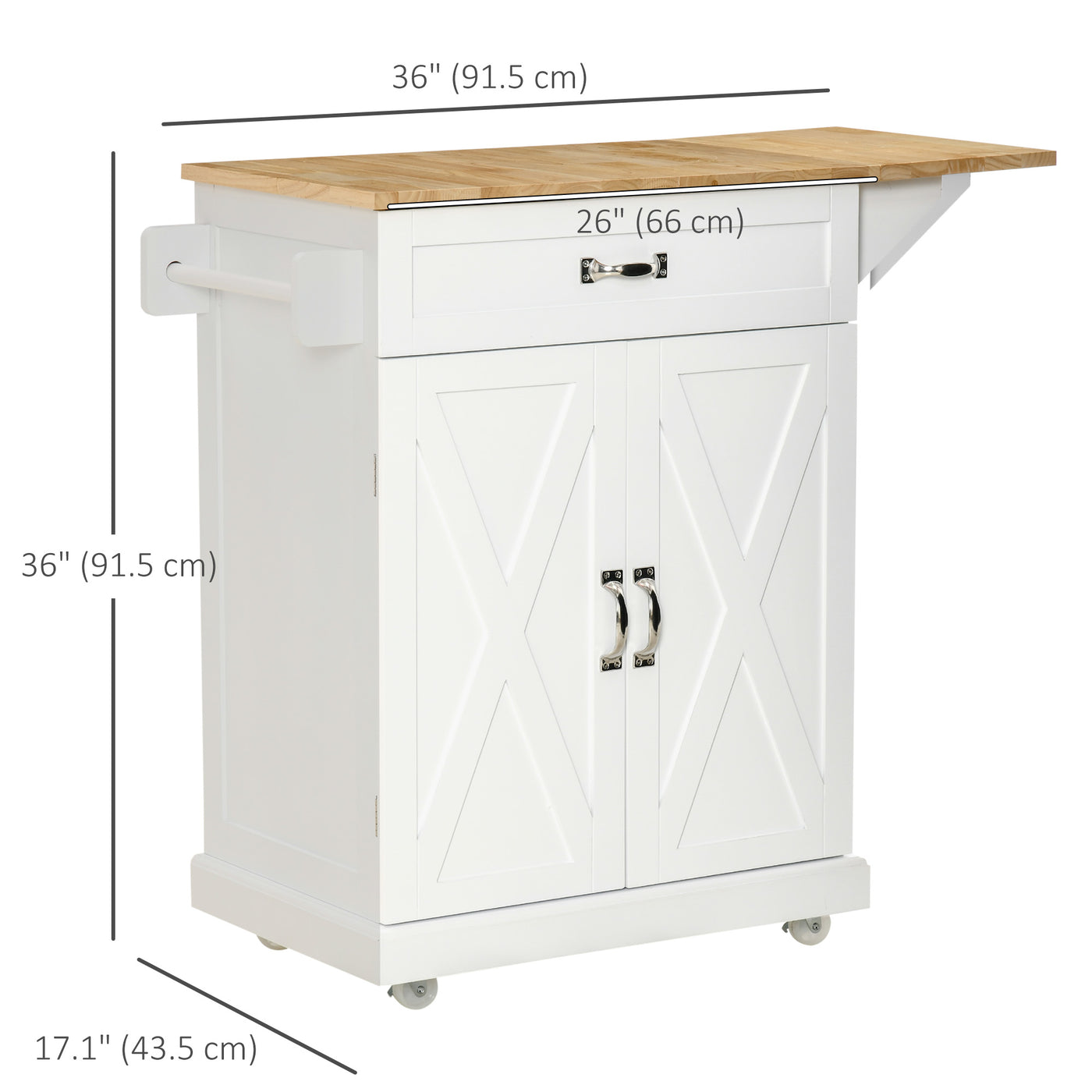 Foldable Kitchen Island with Storage Drawer, Farmhouse Style Rolling Utility Cart, Coffee Bar Cabinet on Wheels with Drop-Leaf Wood Top, White