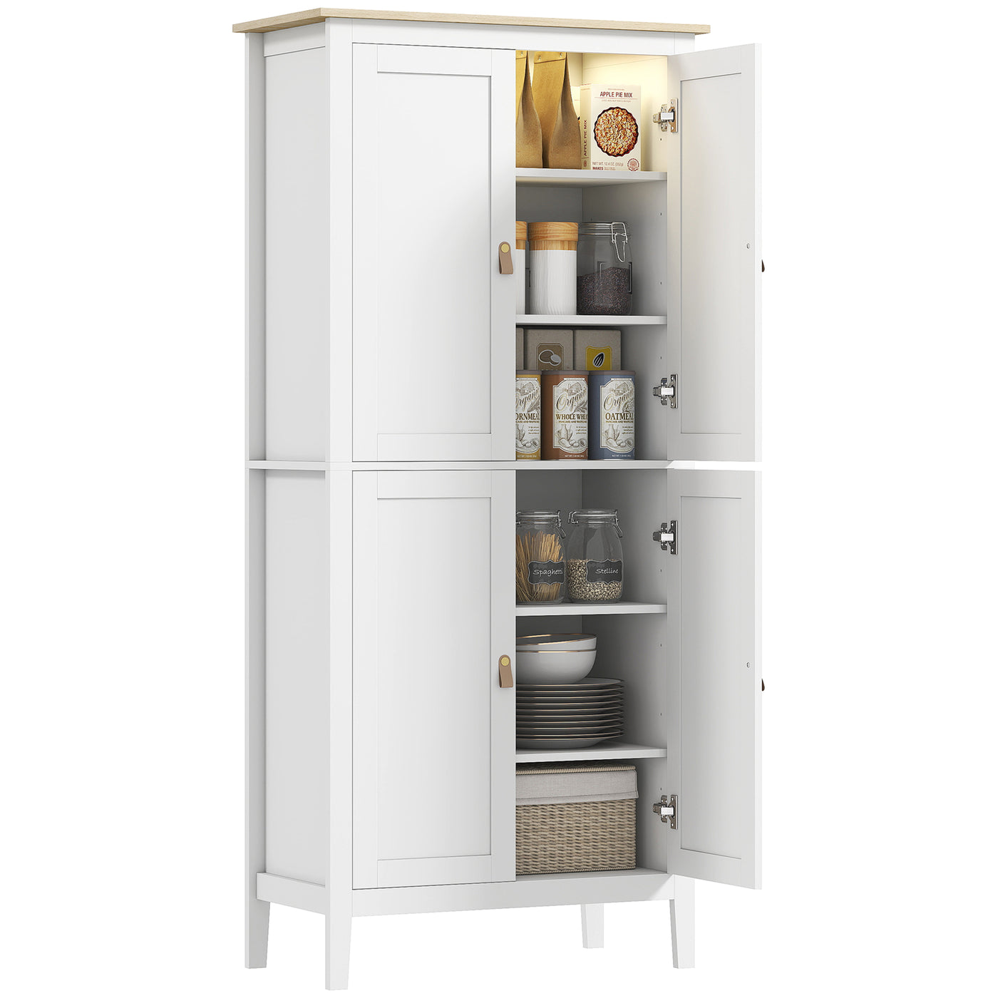 69.5" Tall Kitchen Pantry Storage Cabinet with Motion Sensor LED Light, Modern Kitchen Pantry Cabinet, White