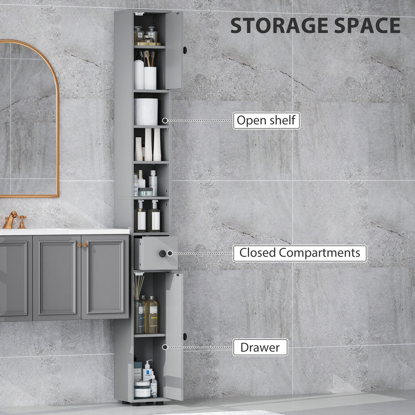 71" Tall Bathroom Cabinet, Narrow Toilet Paper Cabinet with Open Shelves, 2 Door Cabinets, Adjustable Shelves, Grey