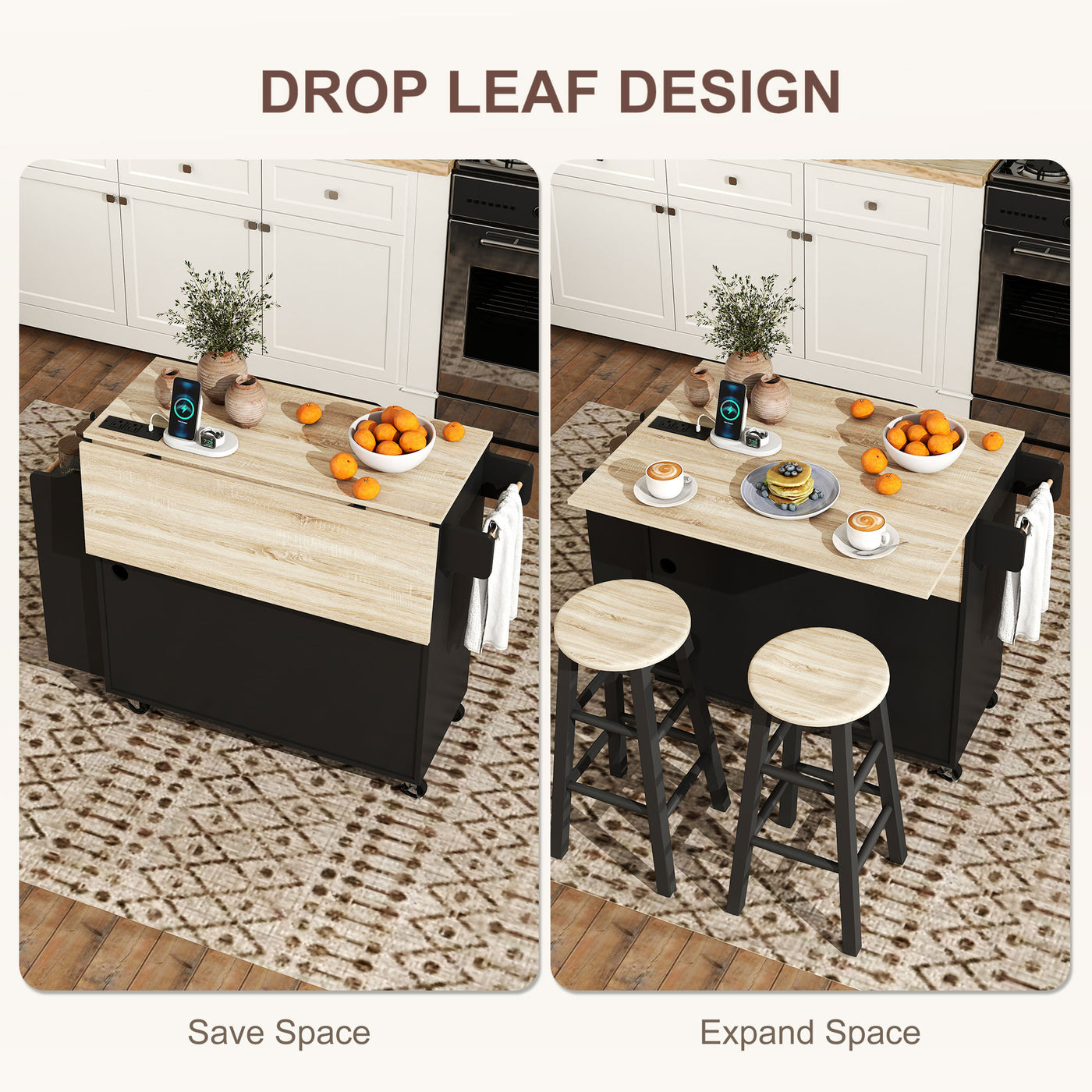 Kitchen Island with Storage, Rolling Kitchen Cart with Foldable Drop Leaf, Power Outlet and USB Ports, Black