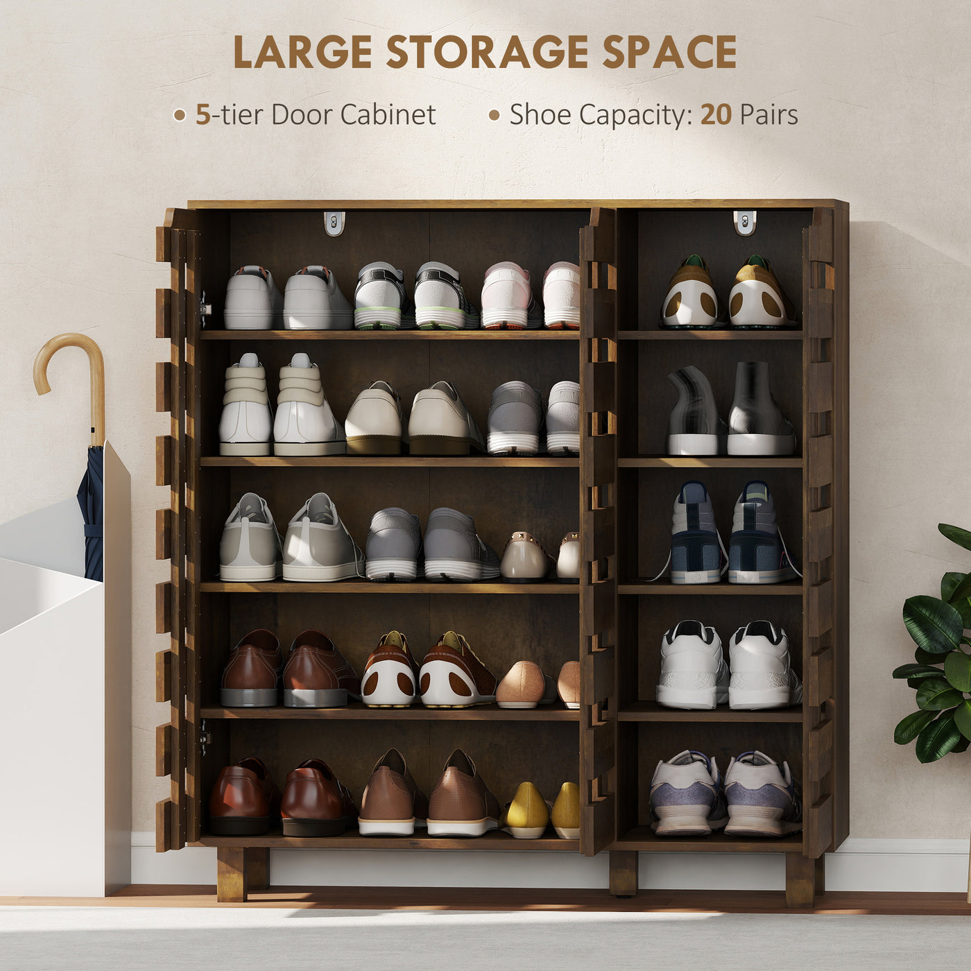 Shoe Cabinet, 20 Pair Shoe Storage Cabinet with Hollowed-Out Doors, Distressed Brown