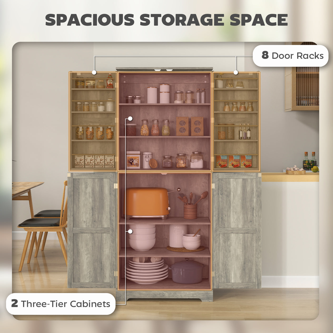 Farmhouse Kitchen Pantry Cabinet, Kitchen Cabinet with Barn Doors, Adjustable Shelves and Door Racks, Distressed Grey