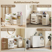 Rolling Sewing Machine Table with Power Outlet, Folding Craft Table with 2 Fabric Drawers, 2 Bins and 18 Pegs, White
