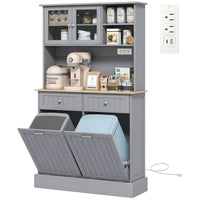 Kitchen Cabinet with Charging Station, 2 Tilt Out Cabinets, Microwave Stand, Freestanding Kitchen Pantry Cabinet, Grey