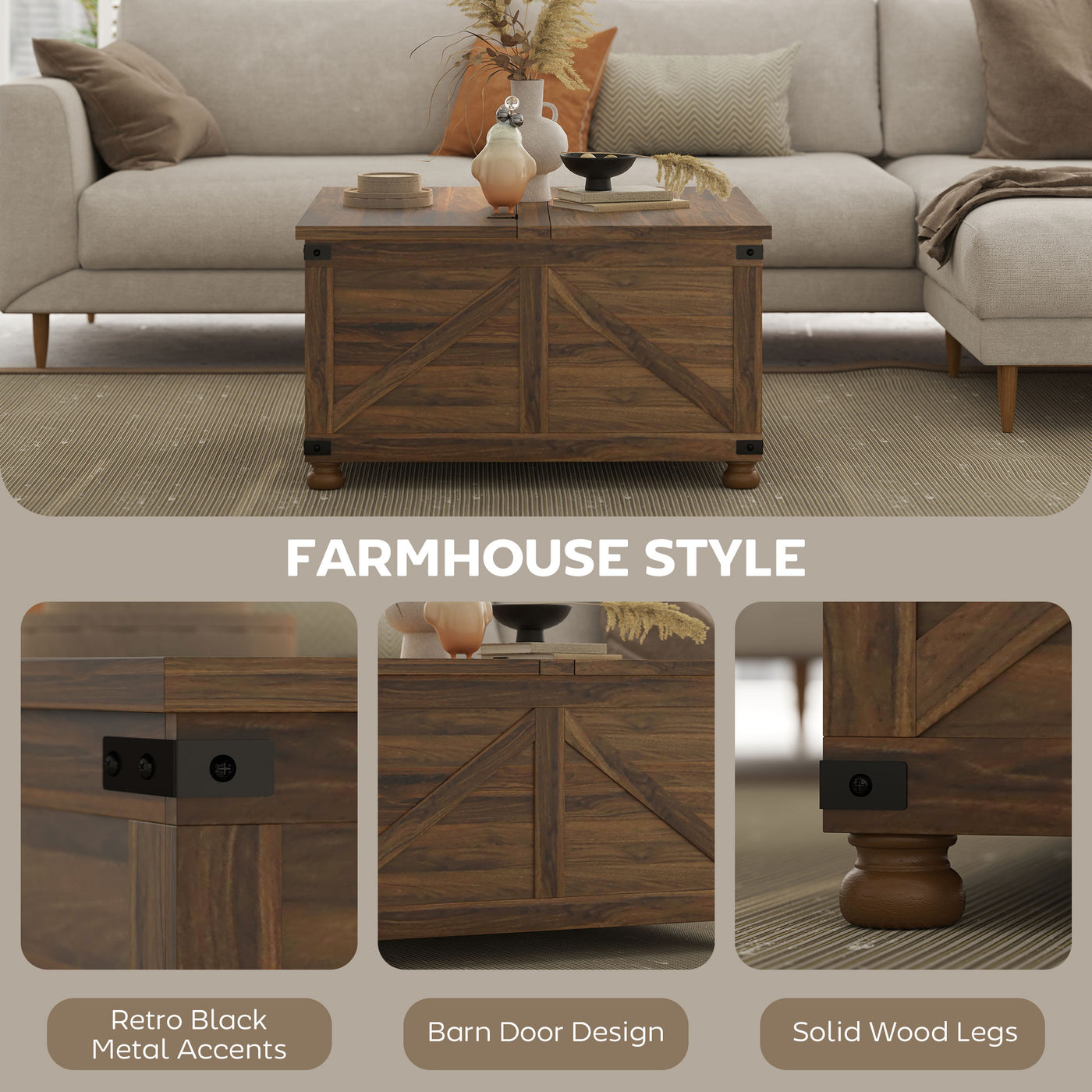 Coffee Table with Lift Top, 32" Farmhouse Center Table with Hidden Compartment for Living Room, Brown Wood Grain
