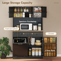 68" Pantry Cabinet with Charging Station, Storage Cabinet with Microwave Stand, 10 Gallon Trash Can Cabinet, Black