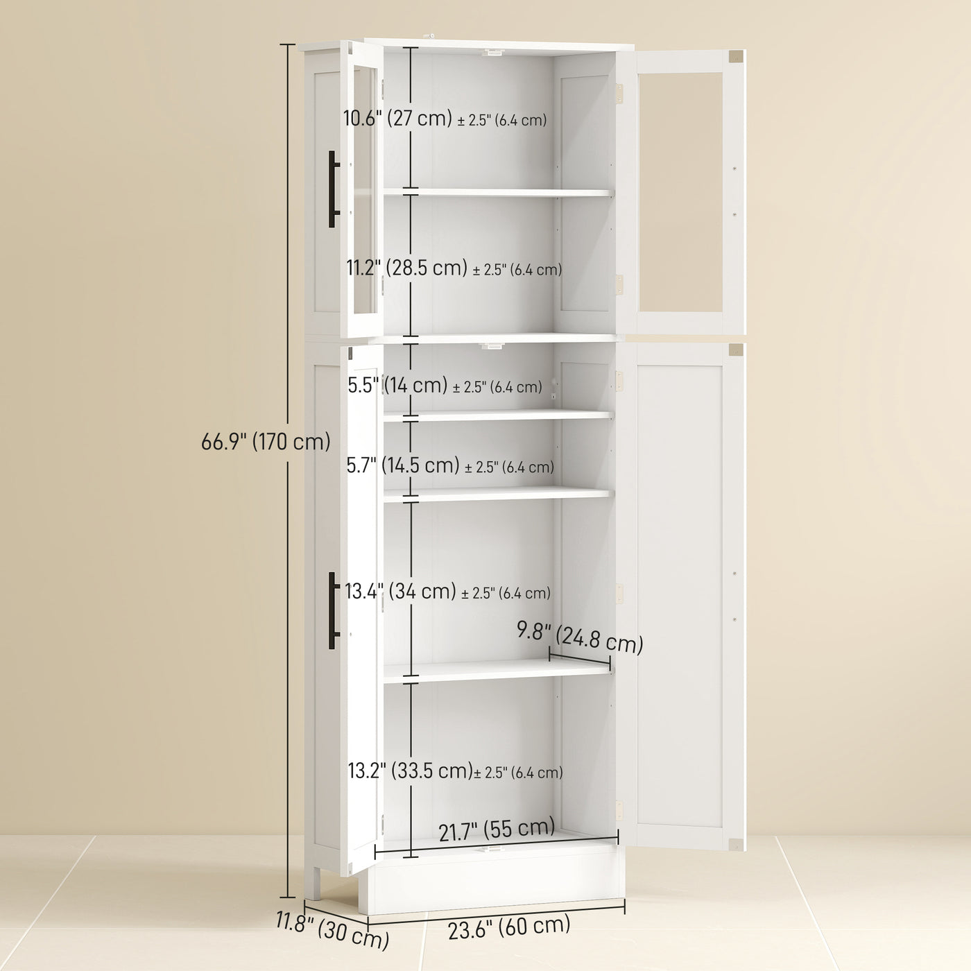 Tall Bathroom Cabinet with Glass Doors, Space-Saving Unit with Adjustable Shelves, Freestanding Storage, White