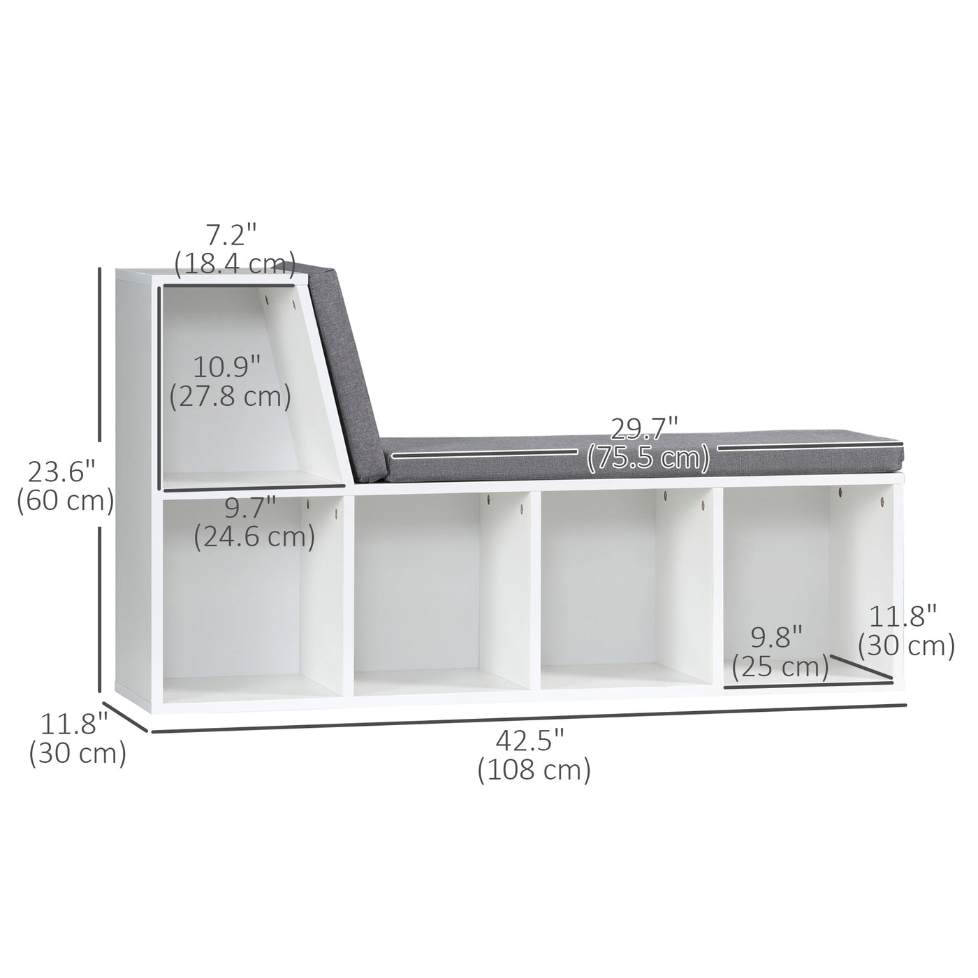 Multi-Purpose Bookshelf with 5 Cubes, 5-Cubby Bookcase with Cushioned Reading Nook and Storage Shelves, Grey