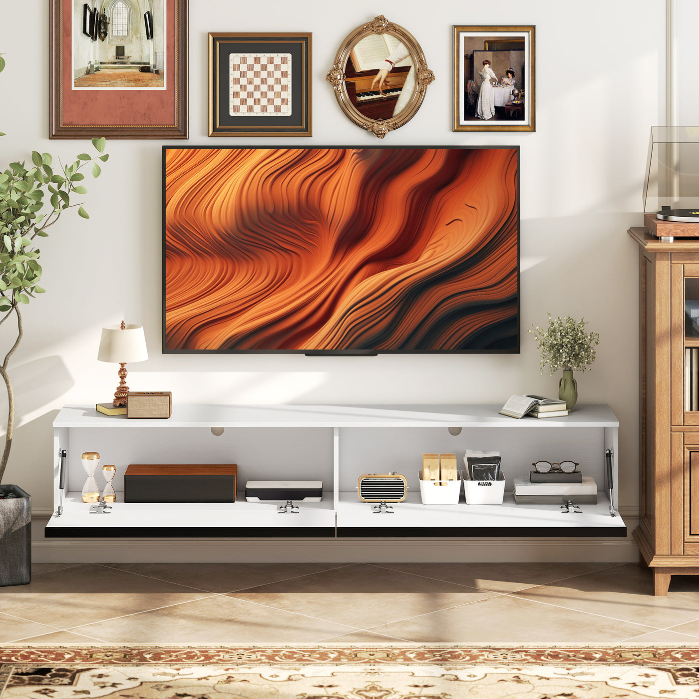 Wall Mounted TV Stand, Floating TV Cabinet with Storage, for TVs up to 80", High Gloss Effect, White