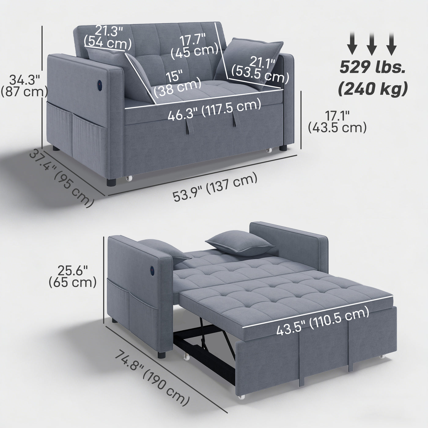 3‑in‑1 Convertible Sofa Bed, Pull Out Sleeper Sofa with USB Charging, Adjustable Backrest, Side Pockets, Dark Grey