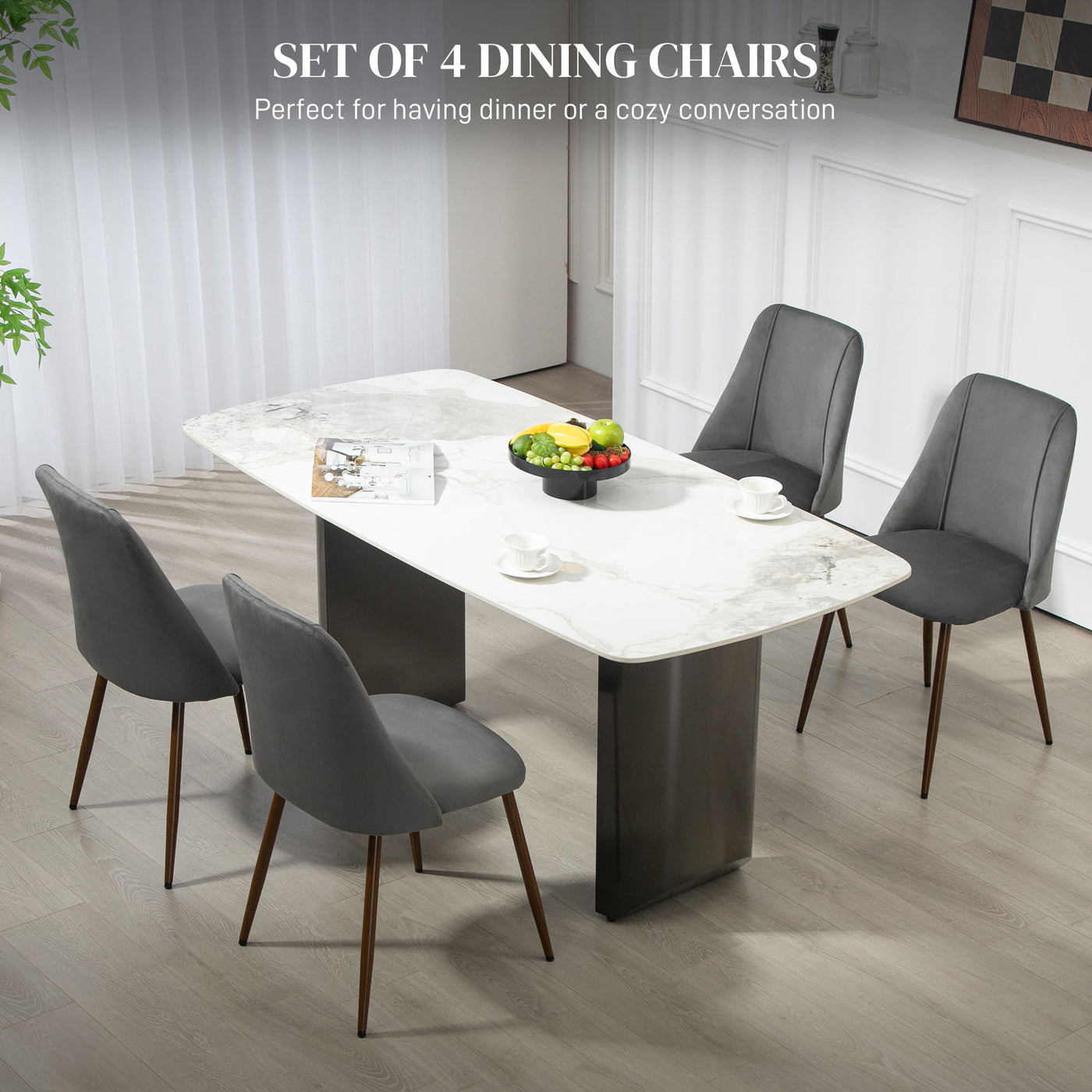 Upholstered Dining Chairs Set of 4, Velvet Accent Chair with Back and Wood-grain Steel Leg for Kitchen, Dark Grey